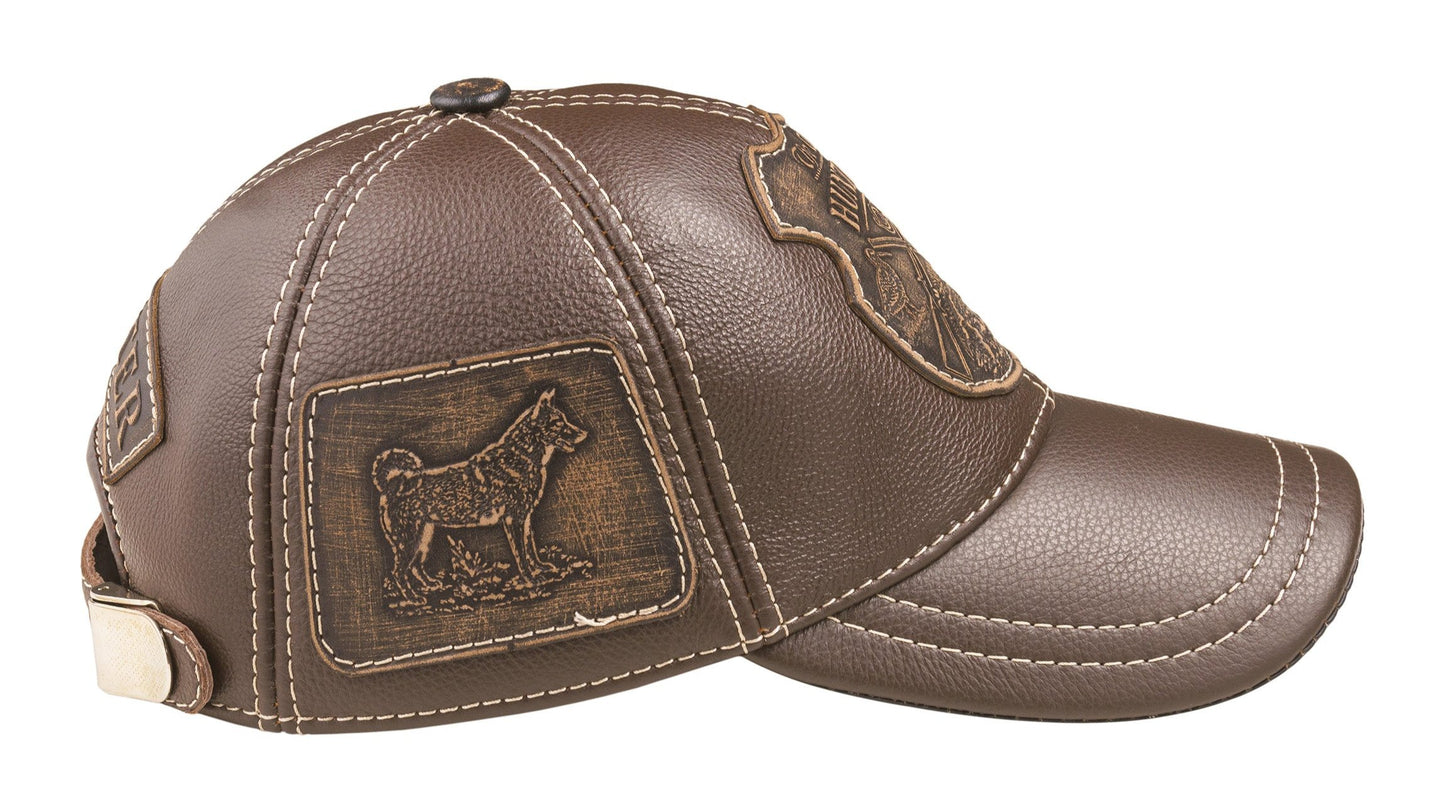 Boar Hunter Handcrafted Leather Cap with Embossed Patches. Brown