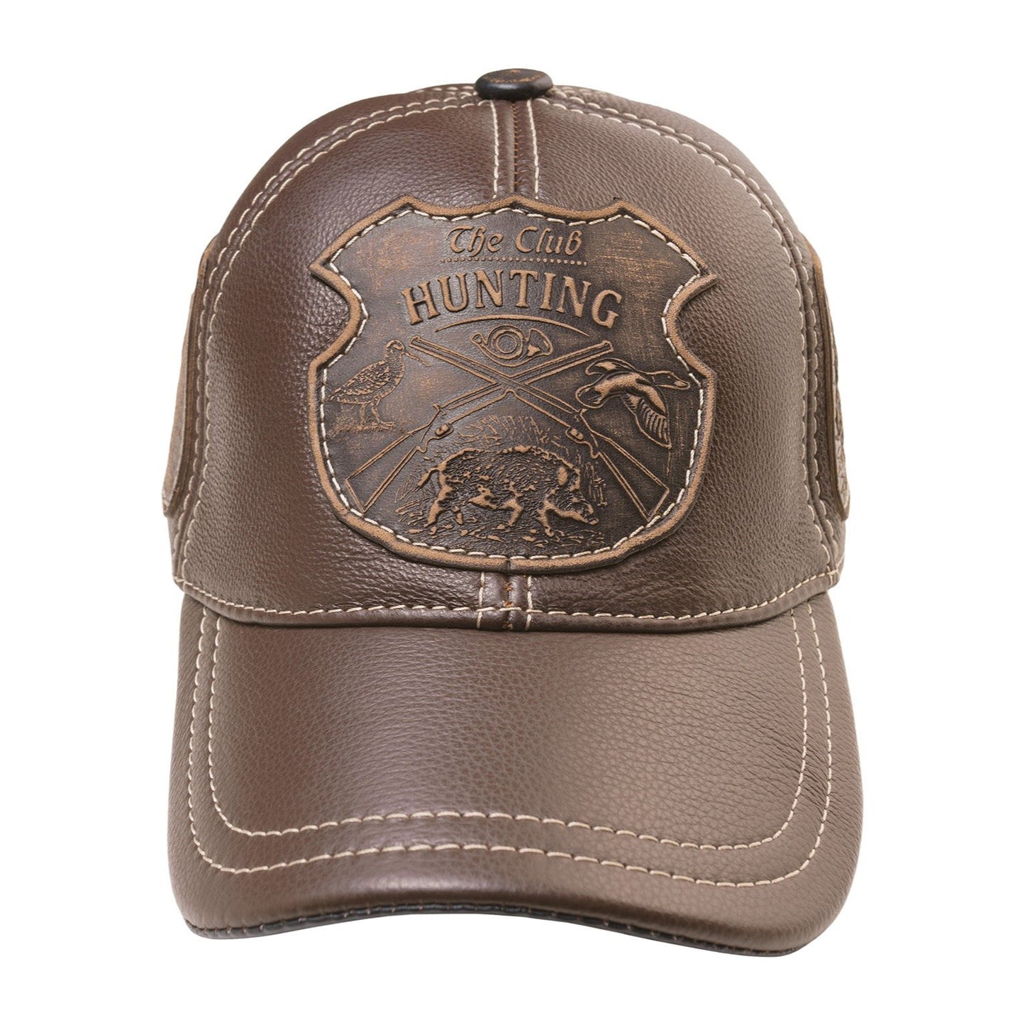 Boar Hunter Handcrafted Leather Cap with Embossed Patches. Brown