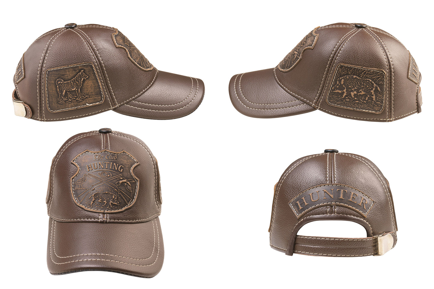 Boar Hunter Handcrafted Leather Cap with Embossed Patches. Brown
