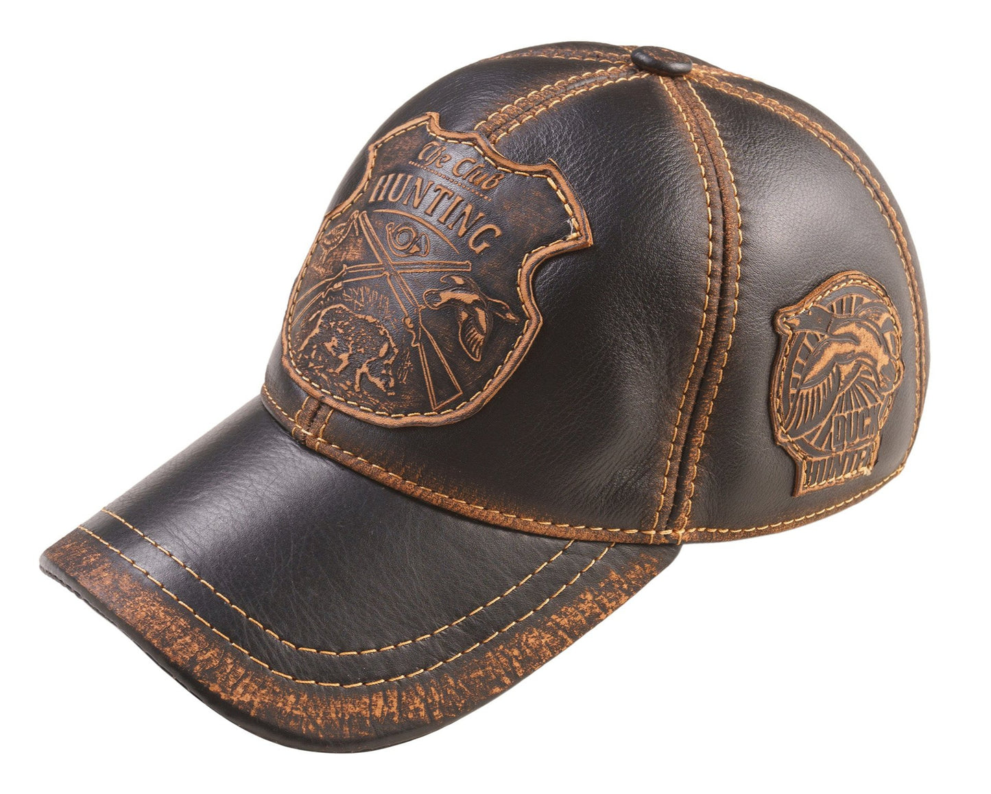 Duck Hunter Handcrafted Leather Cap with Embossed Patches. Black and Brown