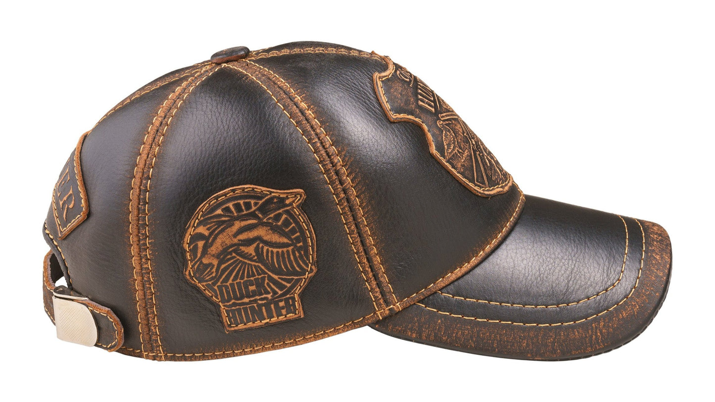 Duck Hunter Handcrafted Leather Cap with Embossed Patches. Black and Brown