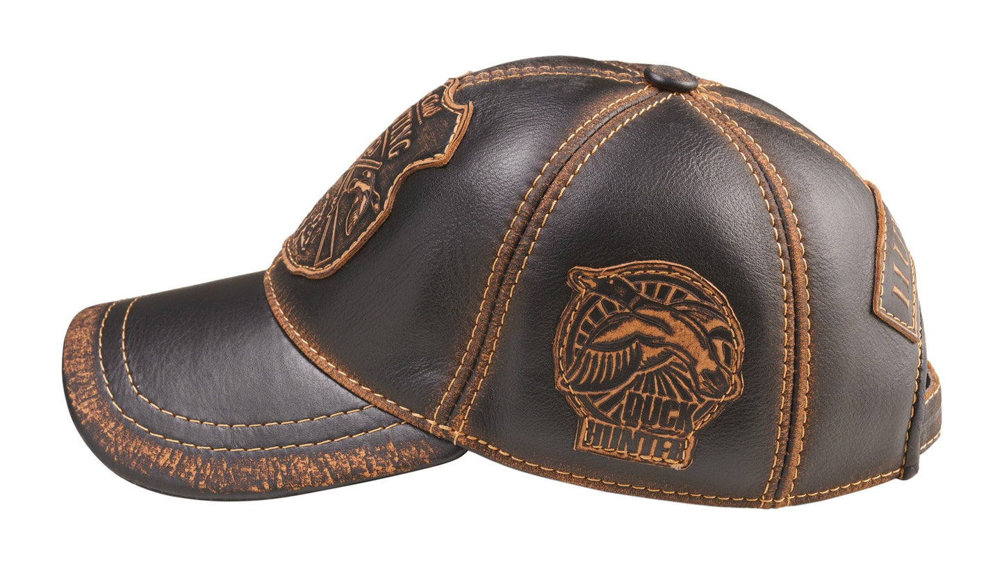 Duck Hunter Handcrafted Leather Cap with Embossed Patches. Black and Brown