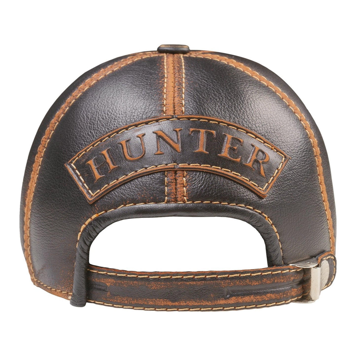 Duck Hunter Handcrafted Leather Cap with Embossed Patches. Black and Brown