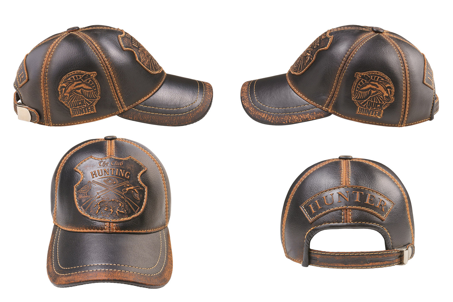 Duck Hunter Handcrafted Leather Cap with Embossed Patches. Black and Brown