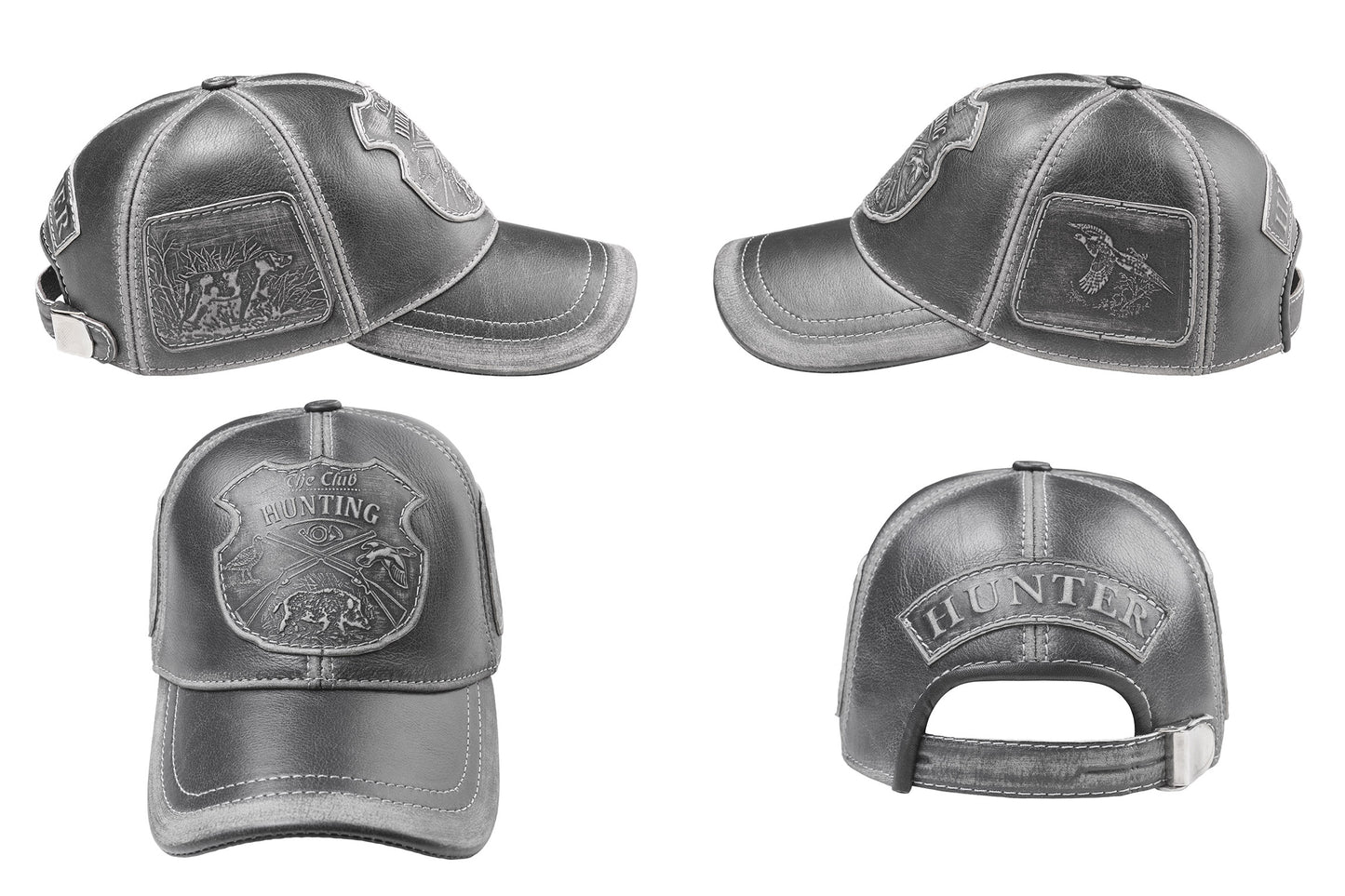 Leather Hunting Cap: Handmade Vintage Black Hat with Hunting Club, Dog & Bird Patches | Apero Bullo