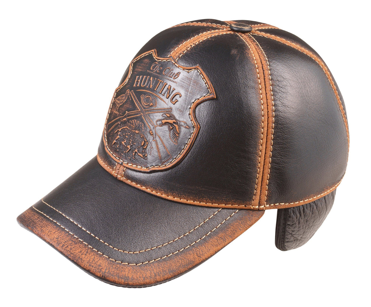 Leather Winter Hunting Cap: Handmade Brown and Black Vintage Hat with Ear Flaps and Hunting Club Badge | Apero Bullo