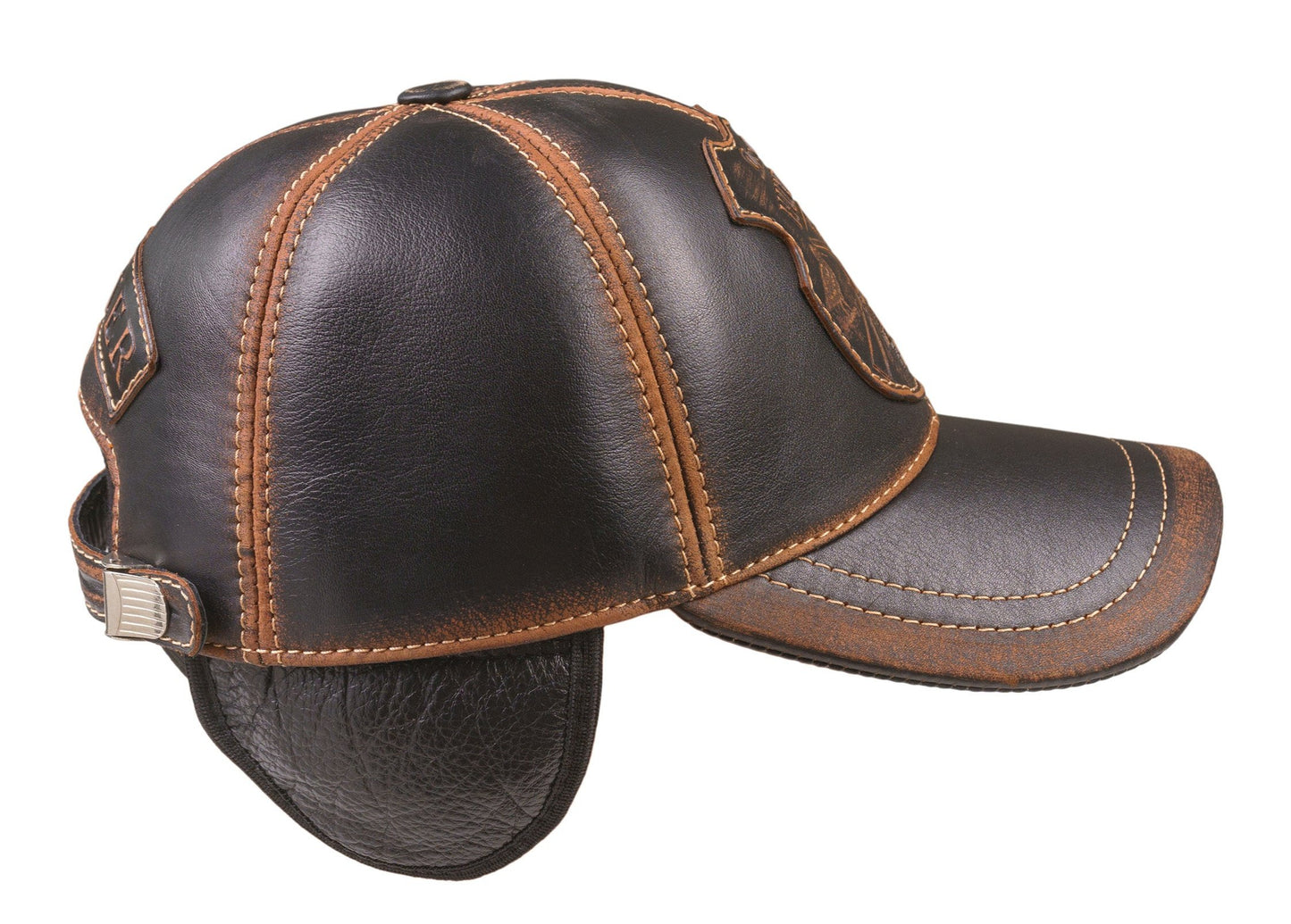Leather Winter Hunting Cap: Handmade Brown and Black Vintage Hat with Ear Flaps and Hunting Club Badge | Apero Bullo