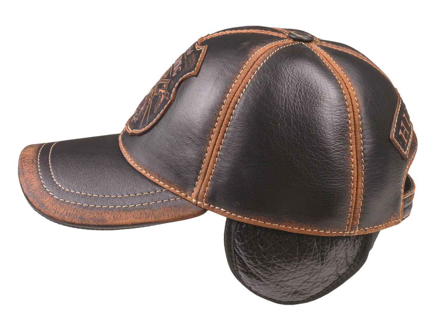 Leather Winter Hunting Cap: Handmade Brown and Black Vintage Hat with Ear Flaps and Hunting Club Badge | Apero Bullo