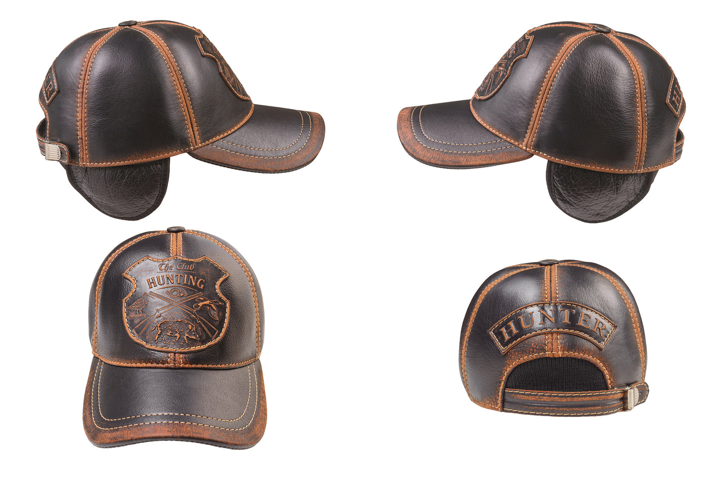 Leather Winter Hunting Cap: Handmade Brown and Black Vintage Hat with Ear Flaps and Hunting Club Badge | Apero Bullo