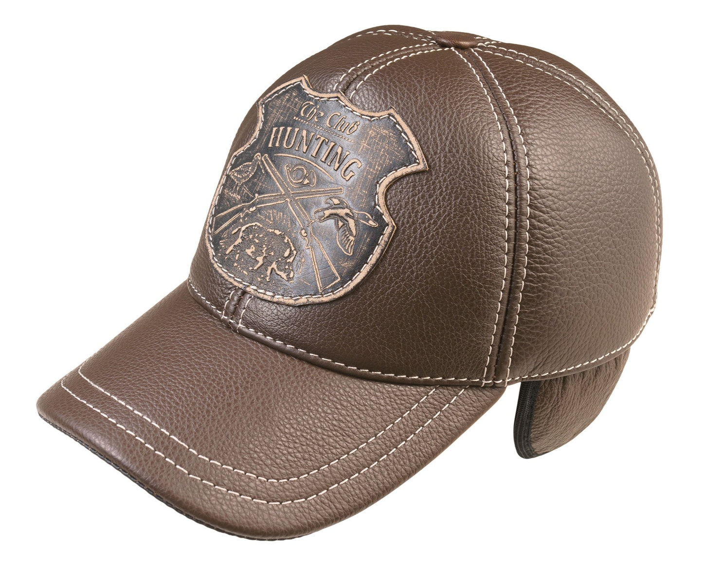 Leather Winter Hunting Cap: Handmade Brown Hat with Ear Flaps and Hunting Club Badge | Apero Bullo