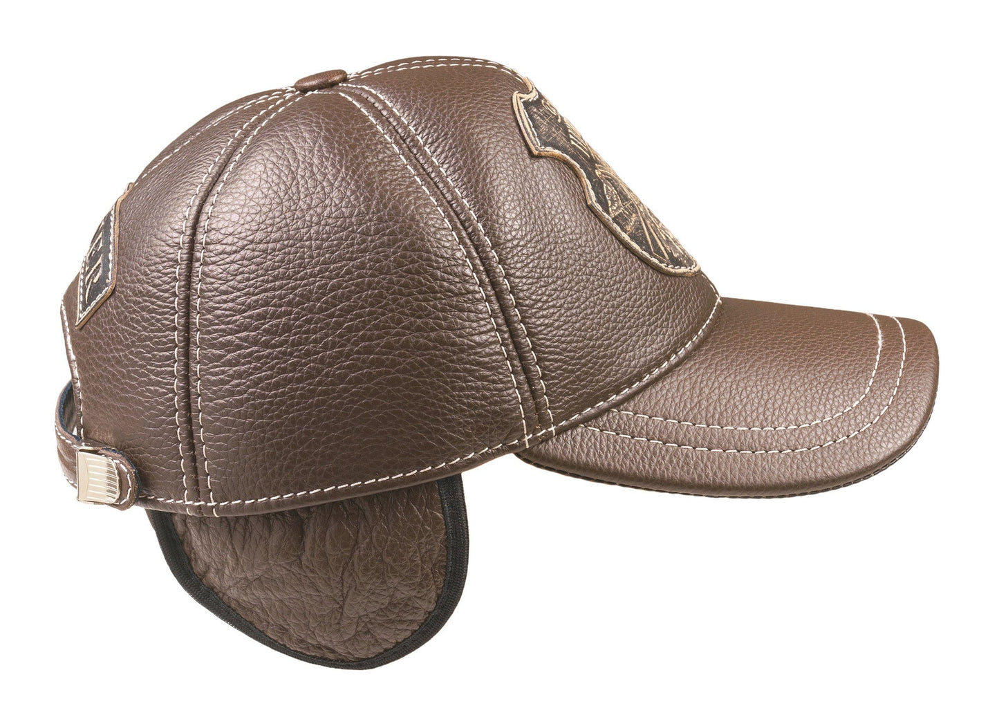 Leather Winter Hunting Cap: Handmade Brown Hat with Ear Flaps and Hunting Club Badge | Apero Bullo
