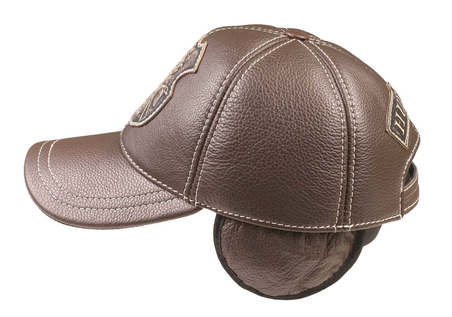 Leather Winter Hunting Cap: Handmade Brown Hat with Ear Flaps and Hunting Club Badge | Apero Bullo
