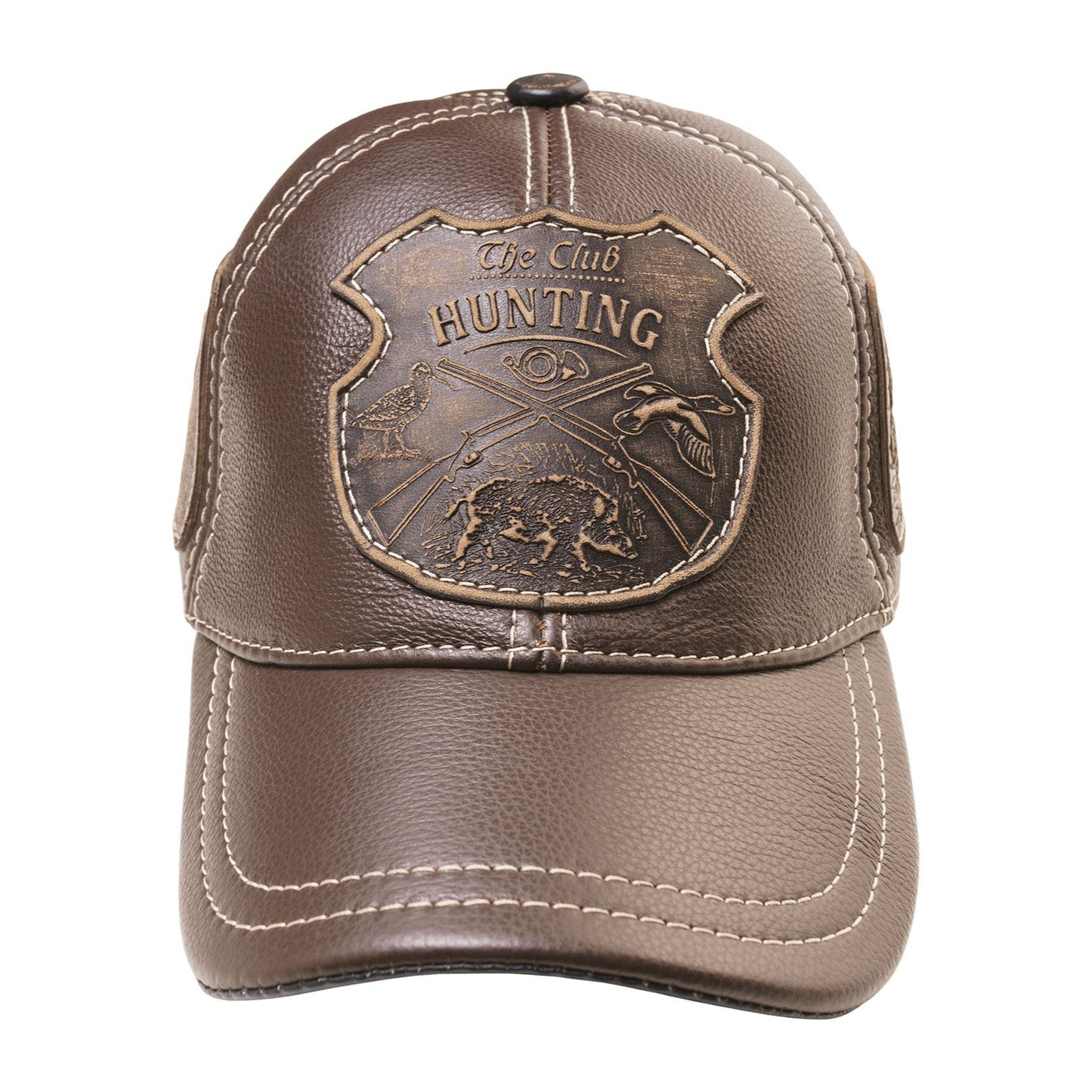 Leather Winter Hunting Cap: Handmade Brown Hat with Ear Flaps and Hunting Club Badge | Apero Bullo