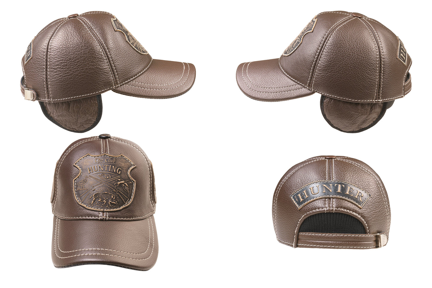Leather Winter Hunting Cap: Handmade Brown Hat with Ear Flaps and Hunting Club Badge | Apero Bullo