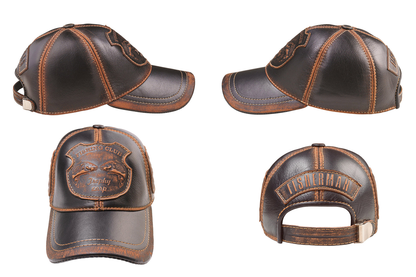 Trophy Carp Genuine Leather Handcrafted Fisherman Casual Black&Brown Cap
