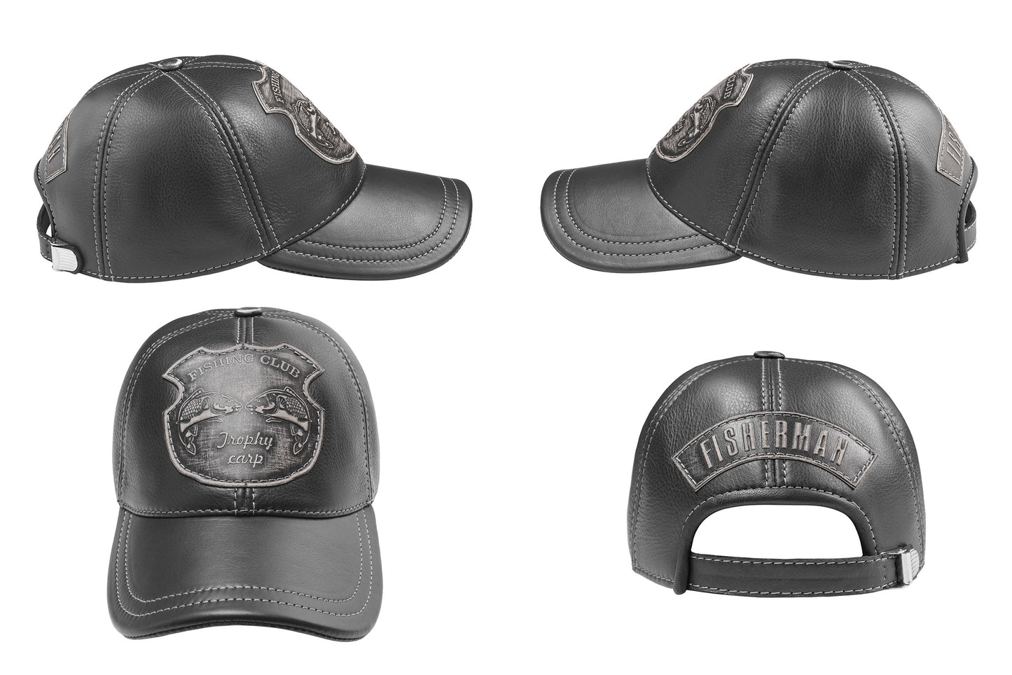Trophy Carp Genuine Leather Handcrafted Fisherman Casual Black Cap