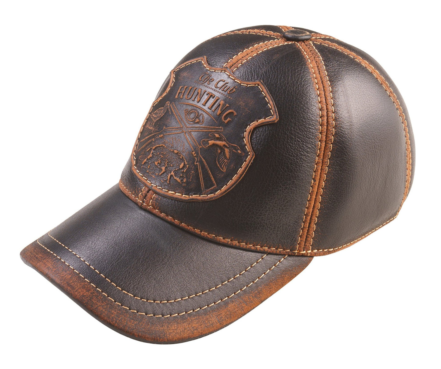 Vintage Leather Hunting Cap: Handmade Brown and Black Hat with Hunting Club Badge and Curved Brim | Apero Bullo