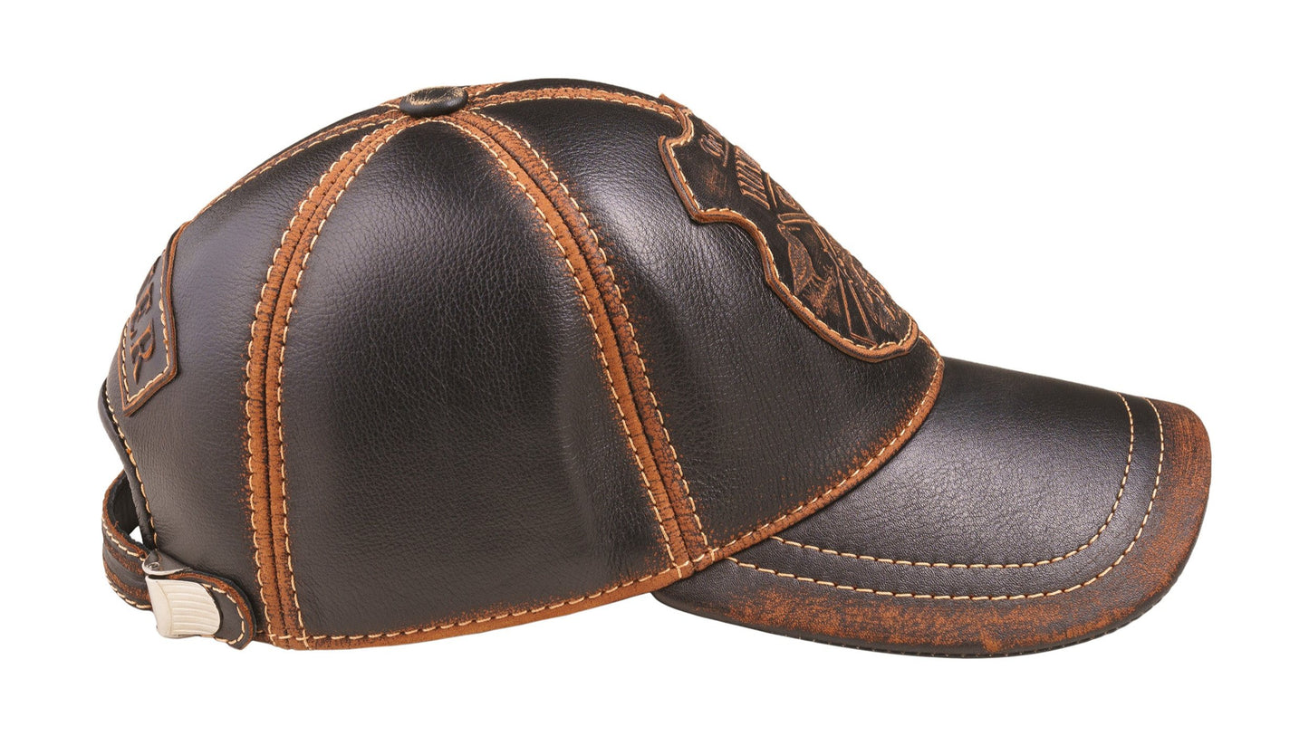 Vintage Leather Hunting Cap: Handmade Brown and Black Hat with Hunting Club Badge and Curved Brim | Apero Bullo