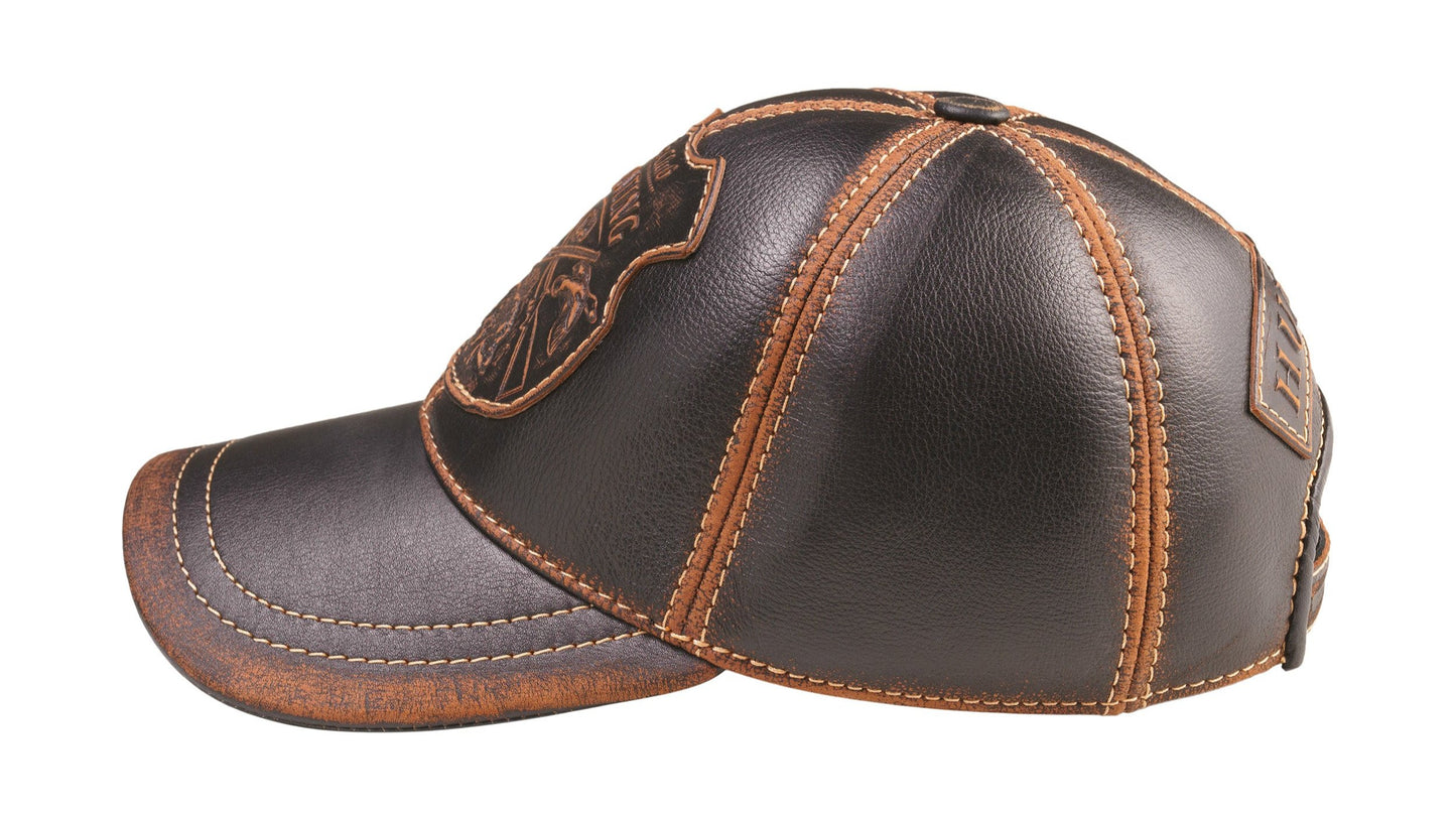 Vintage Leather Hunting Cap: Handmade Brown and Black Hat with Hunting Club Badge and Curved Brim | Apero Bullo