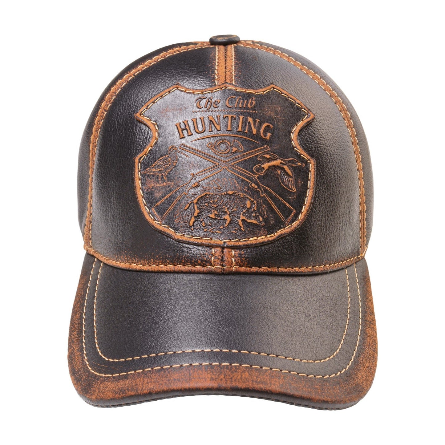 Vintage Leather Hunting Cap: Handmade Brown and Black Hat with Hunting Club Badge and Curved Brim | Apero Bullo