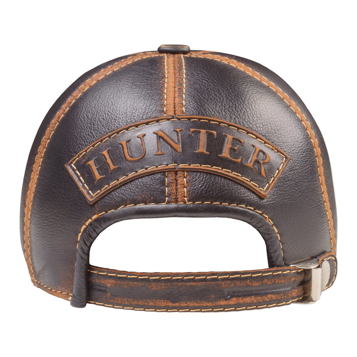 Vintage Leather Hunting Cap: Handmade Brown and Black Hat with Hunting Club Badge and Curved Brim | Apero Bullo