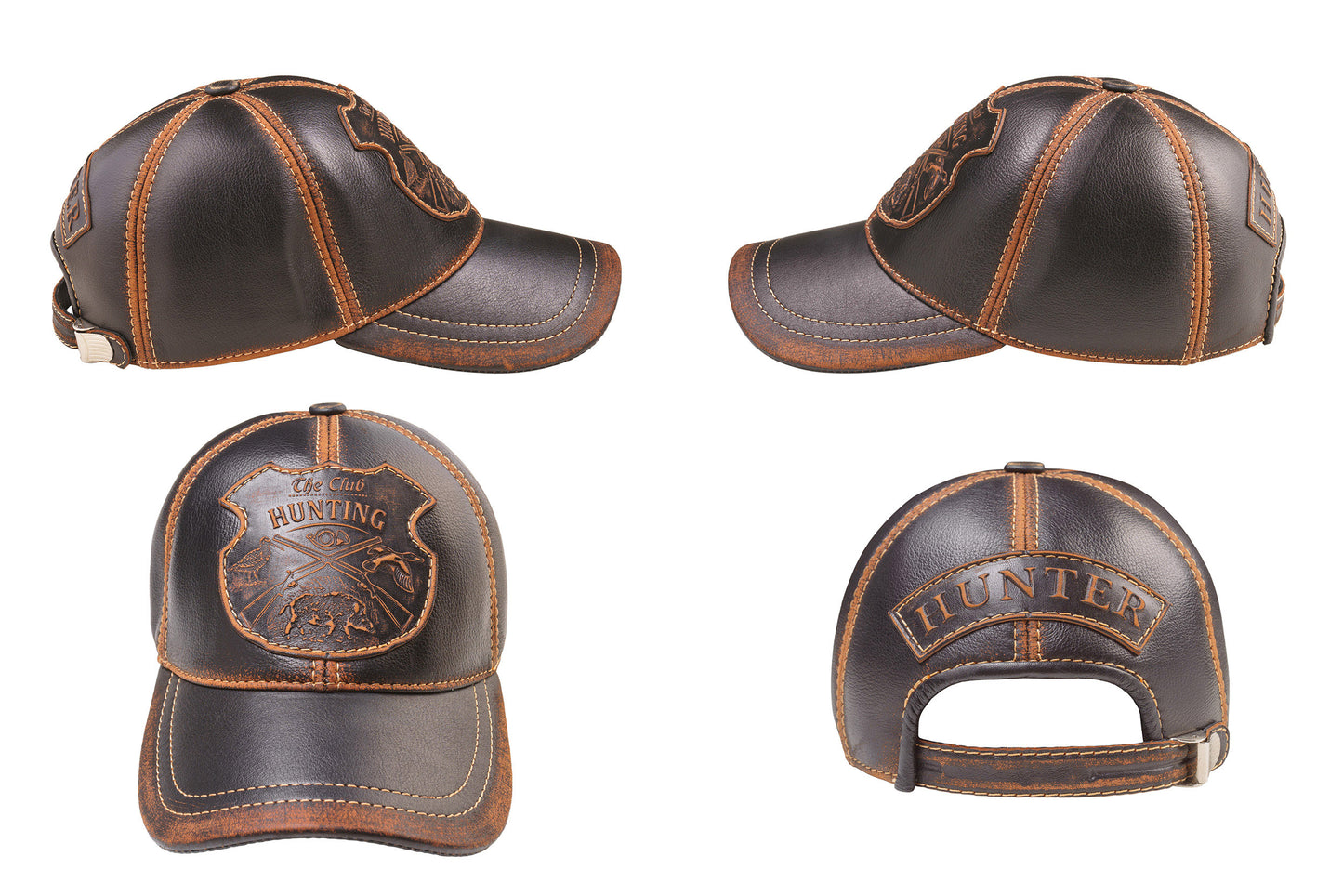 Vintage Leather Hunting Cap: Handmade Brown and Black Hat with Hunting Club Badge and Curved Brim | Apero Bullo
