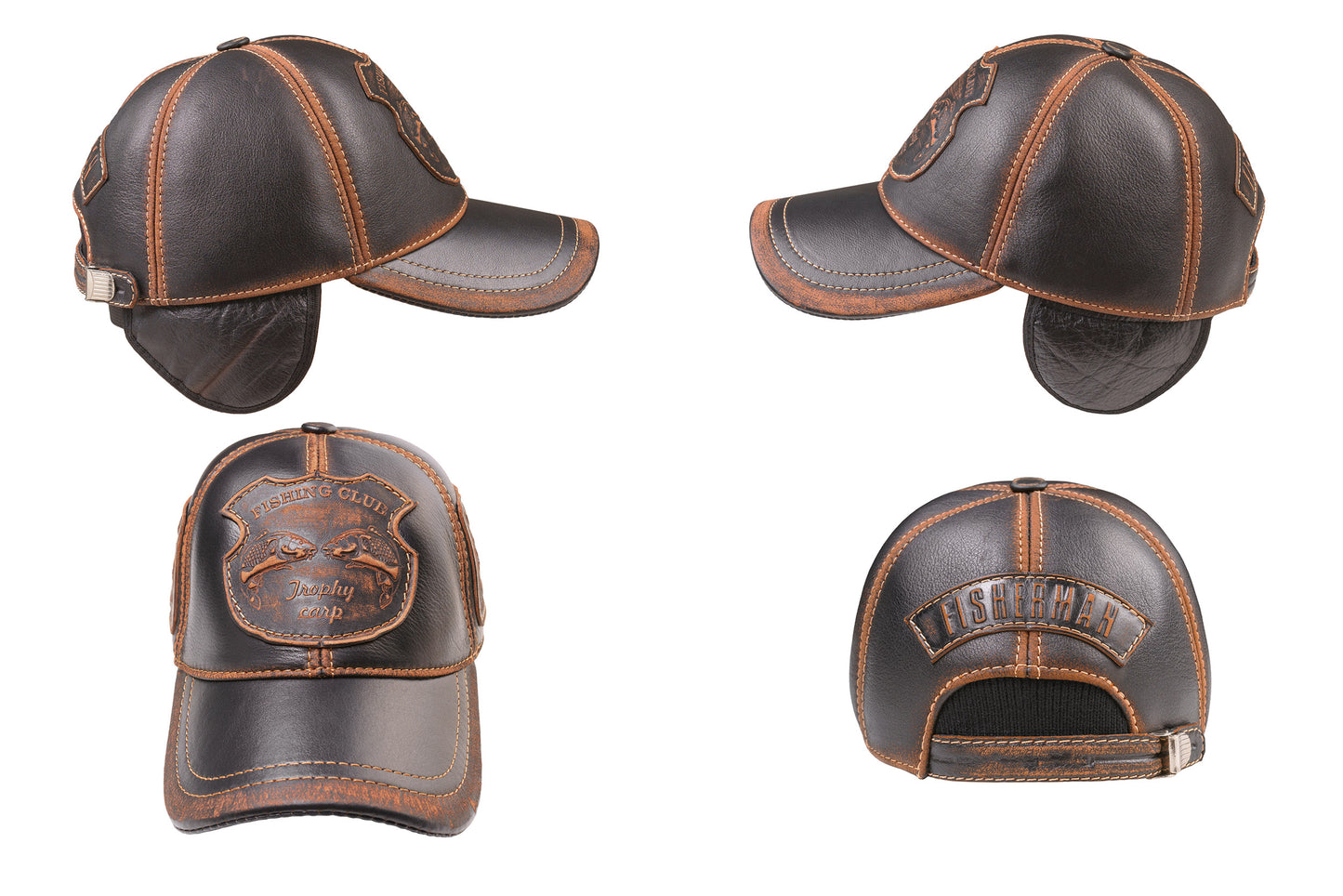 Fishing Club Fall and Winter Genuine Leather Handcrafted Fisherman Black&Brown Cap