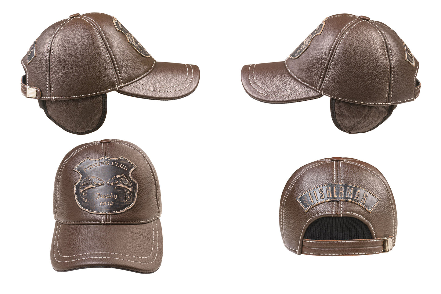Fishing Club Fall and Winter Genuine Leather Handcrafted Fisherman Brown Cap