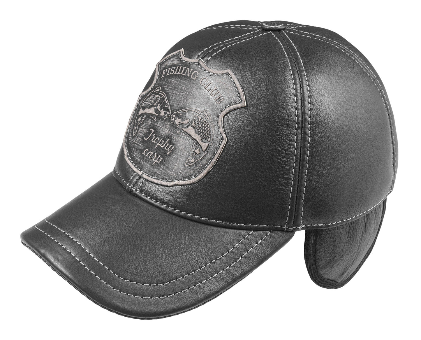 Leather Fishing Cap: Handmade Black Hat with Ear Flaps and Trophy Carp Badge, Winter Fishing Gear | Apero Bullo