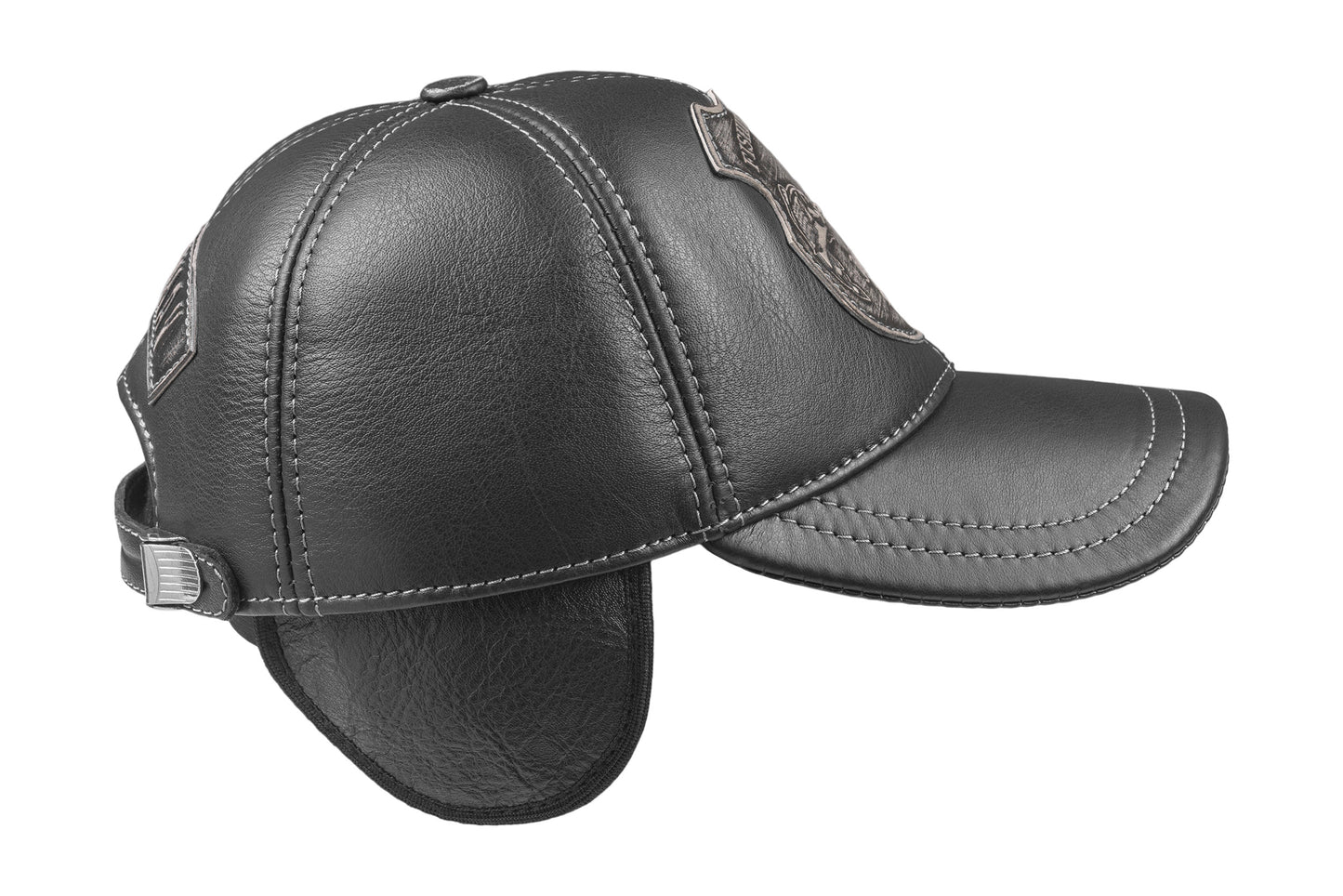 Leather Fishing Cap: Handmade Black Hat with Ear Flaps and Trophy Carp Badge, Winter Fishing Gear | Apero Bullo
