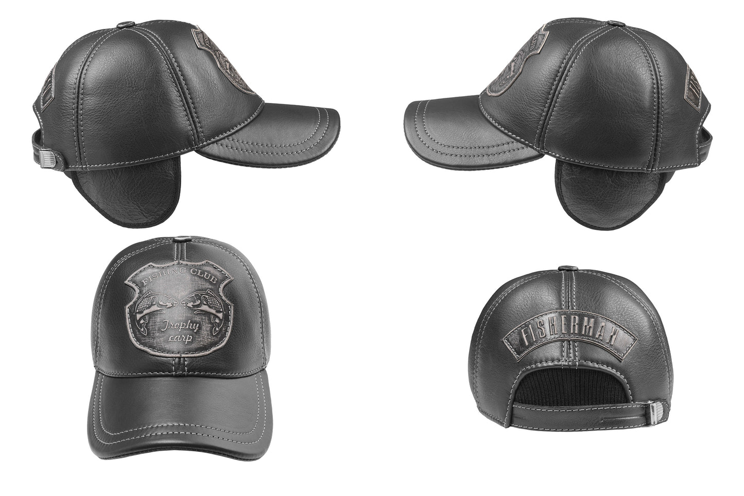 Leather Fishing Cap: Handmade Black Hat with Ear Flaps and Trophy Carp Badge, Winter Fishing Gear | Apero Bullo