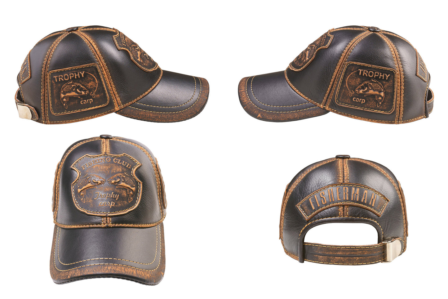 Trophy Carp Genuine Leather Handcrafted Fisherman Black&Brown Cap