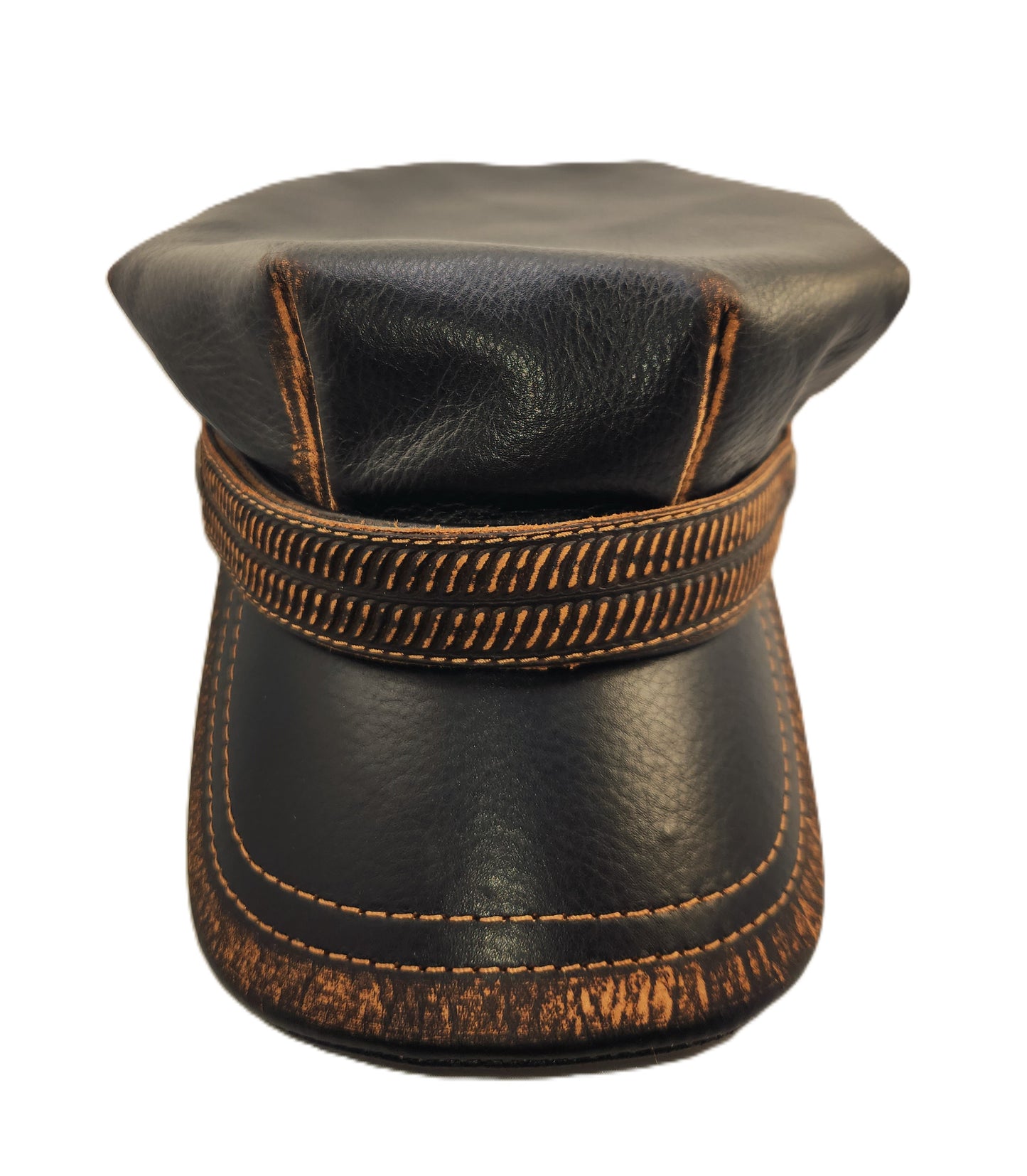 Leather Harley Hat: Handmade Black Motorcycle Cap, Military Style with Vintage Stitching | Apero Bullo