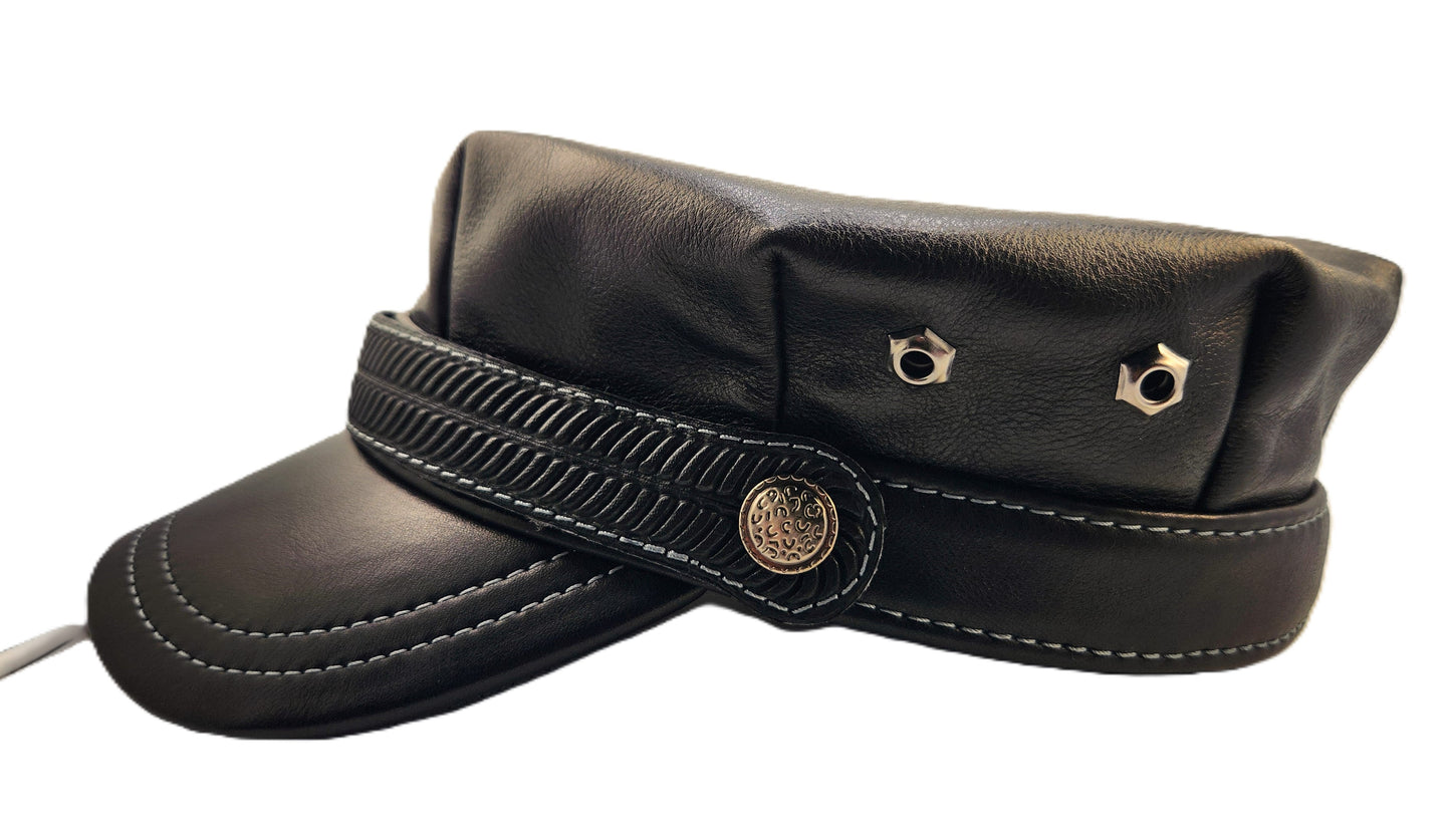 Vintage Harley Hat: Handmade Black Motorcycle Cap for Men with Contrast Stitching and Textured Band | Apero Bullo