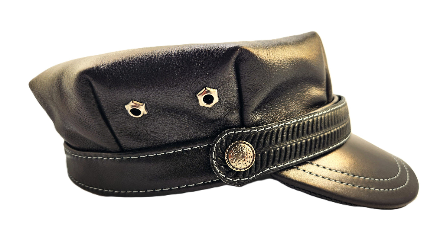 Vintage Harley Hat: Handmade Black Motorcycle Cap for Men with Contrast Stitching and Textured Band | Apero Bullo