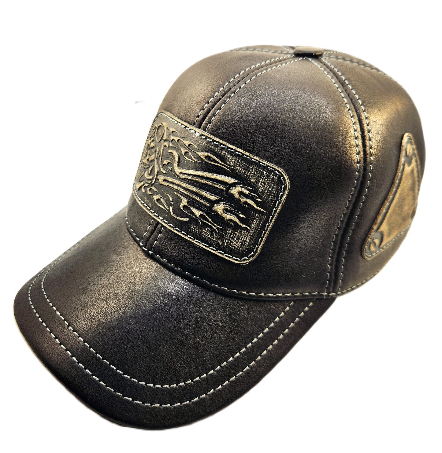 Leather Biker Hat: Handmade Black Motorcycle Baseball Cap for Men with Flaming Skull Patch and Contrast Stitching | Apero Bullo