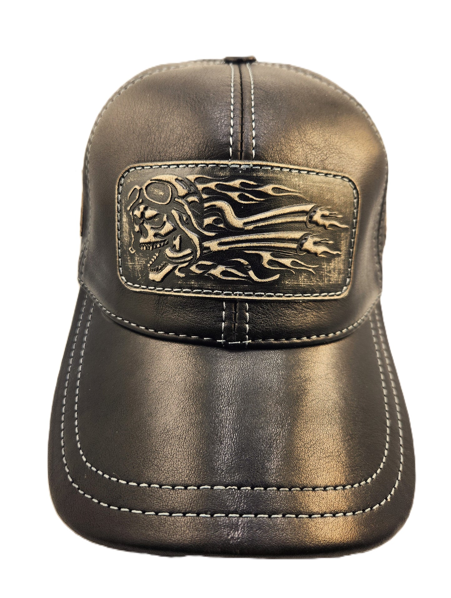 Leather Biker Hat: Handmade Black Motorcycle Baseball Cap for Men with Flaming Skull Patch and Contrast Stitching | Apero Bullo