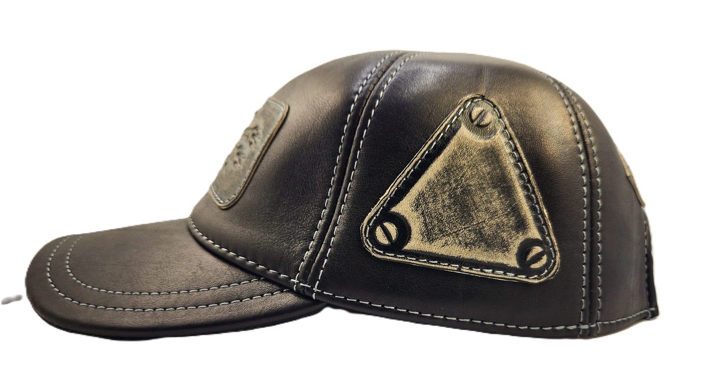 Leather Biker Hat: Handmade Black Motorcycle Baseball Cap for Men with Flaming Skull Patch and Contrast Stitching | Apero Bullo