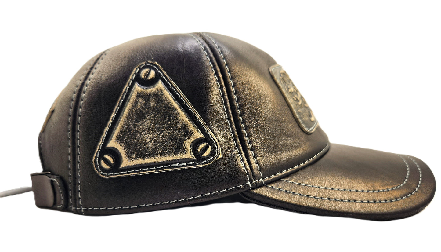 Leather Biker Hat: Handmade Black Motorcycle Baseball Cap for Men with Flaming Skull Patch and Contrast Stitching | Apero Bullo