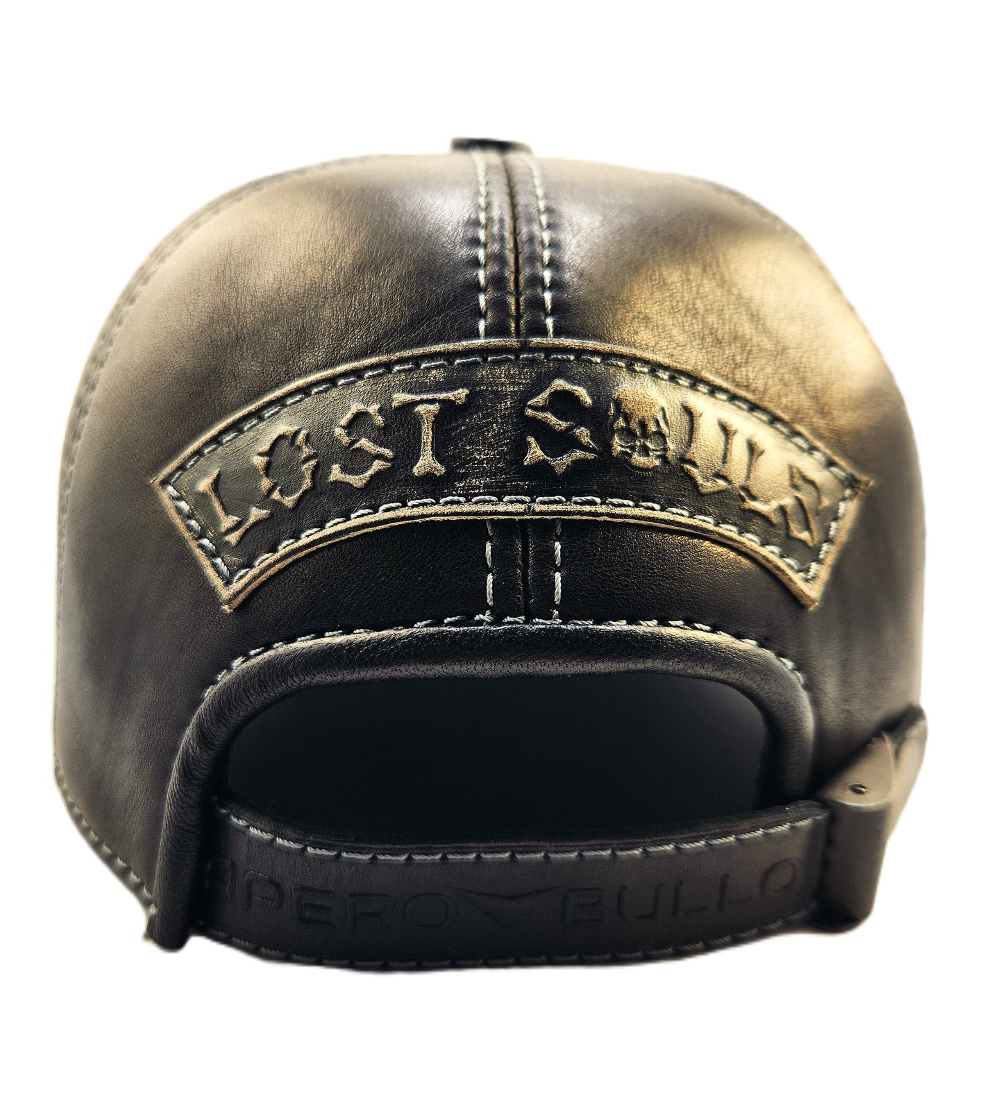 Leather Biker Hat: Handmade Black Motorcycle Baseball Cap for Men with Flaming Skull Patch and Contrast Stitching | Apero Bullo