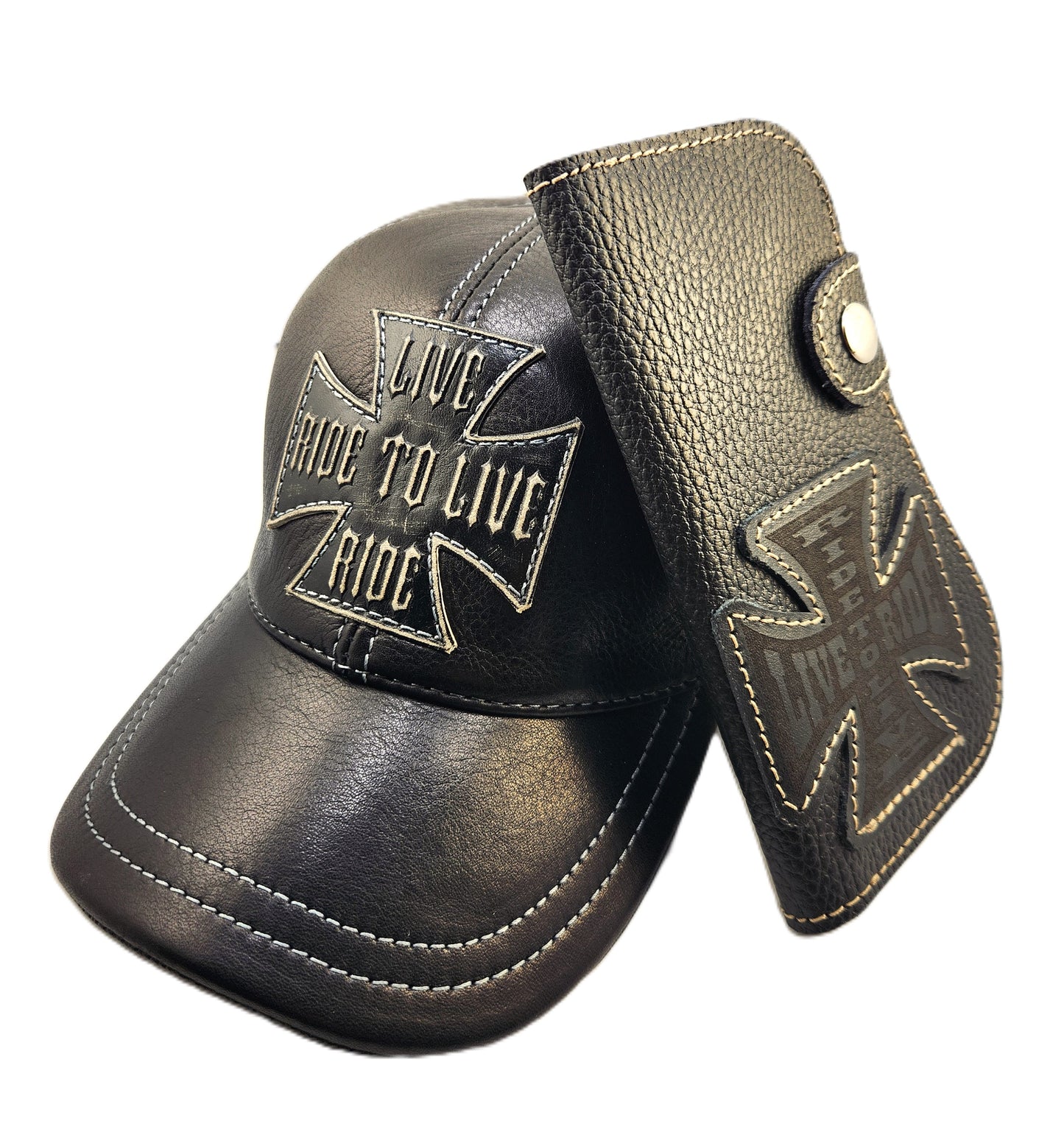 Biker style cowhide wallet with Iron Cross and Riding Scull