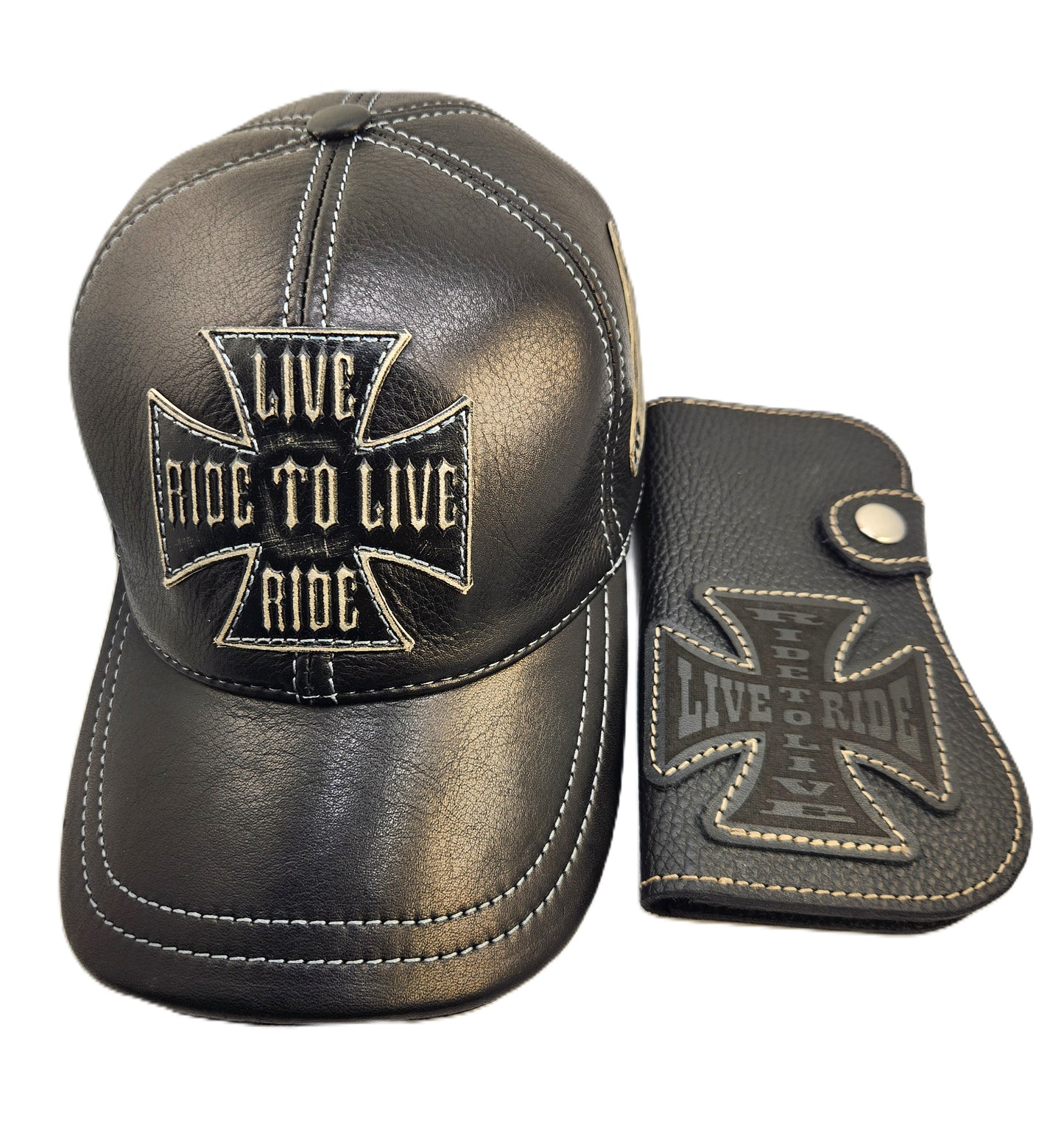 Biker style cowhide wallet with Iron Cross and Riding Scull
