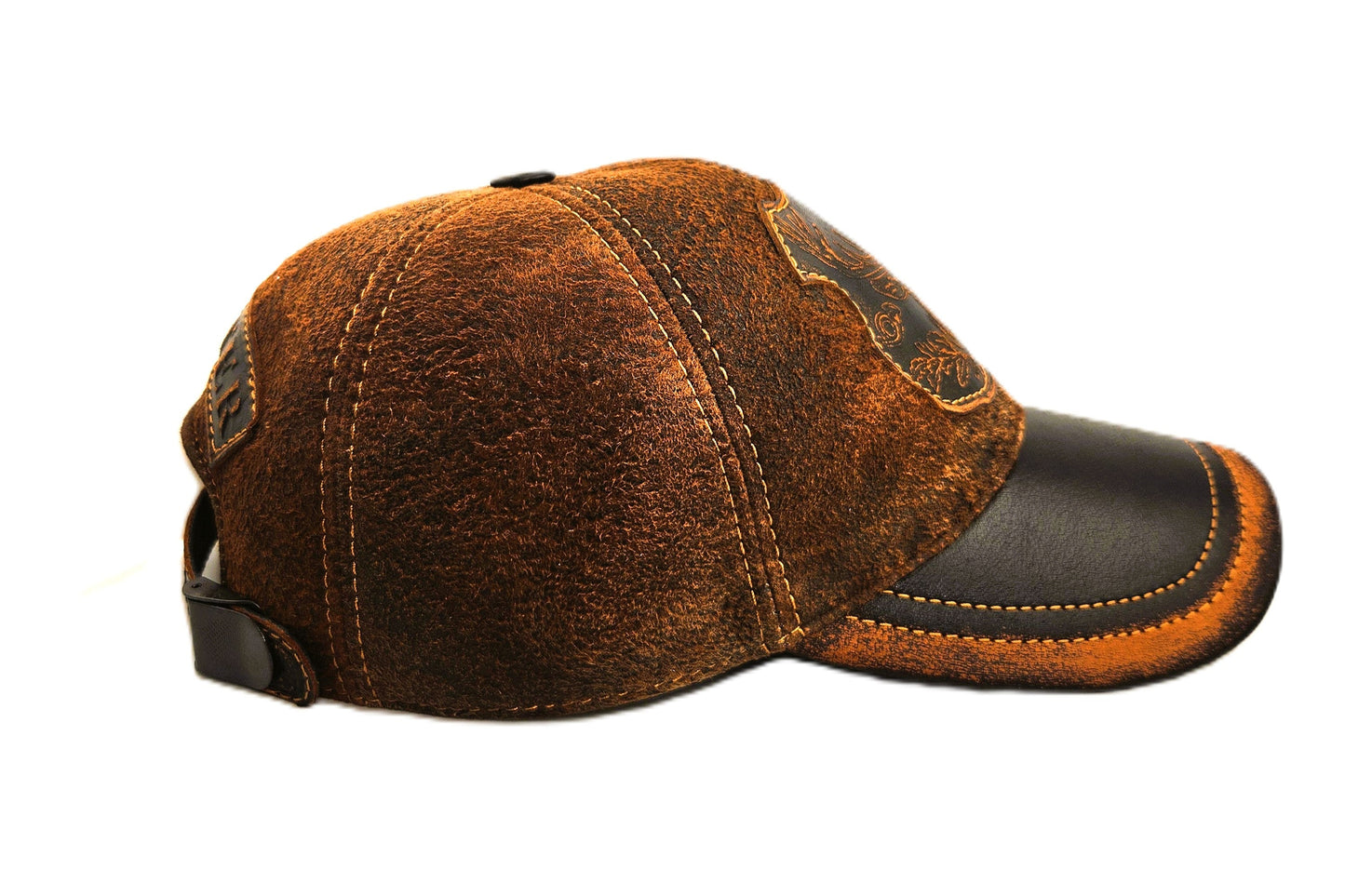 Leather Deer Hunting Cap: Handmade Brown Distressed Hat with Embossed Patches and Curved Black Brim | Apero Bullo