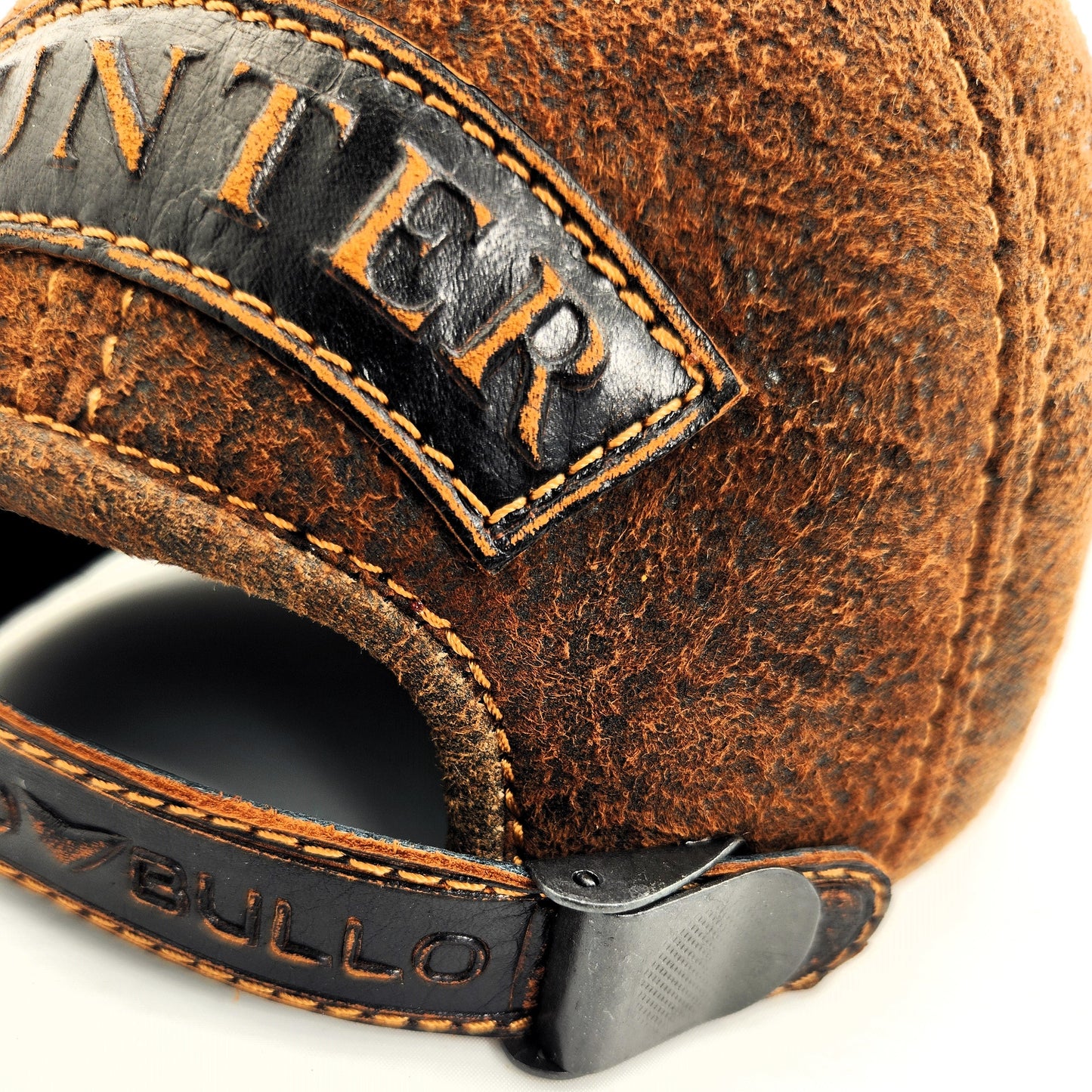 Leather Deer Hunting Cap: Handmade Brown Distressed Hat with Embossed Patches and Curved Black Brim | Apero Bullo