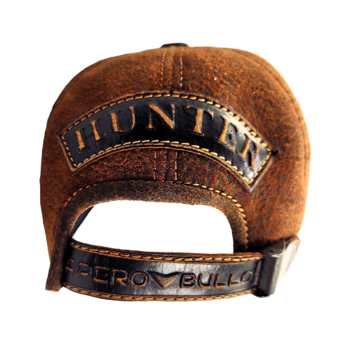 Leather Deer Hunting Cap: Handmade Brown Distressed Hat with Embossed Patches and Curved Black Brim | Apero Bullo