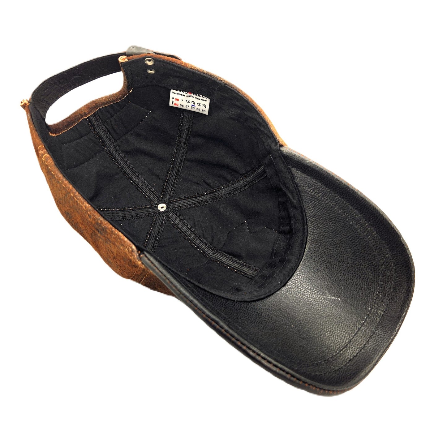 Leather Deer Hunting Cap: Handmade Brown Distressed Hat with Embossed Patches and Curved Black Brim | Apero Bullo