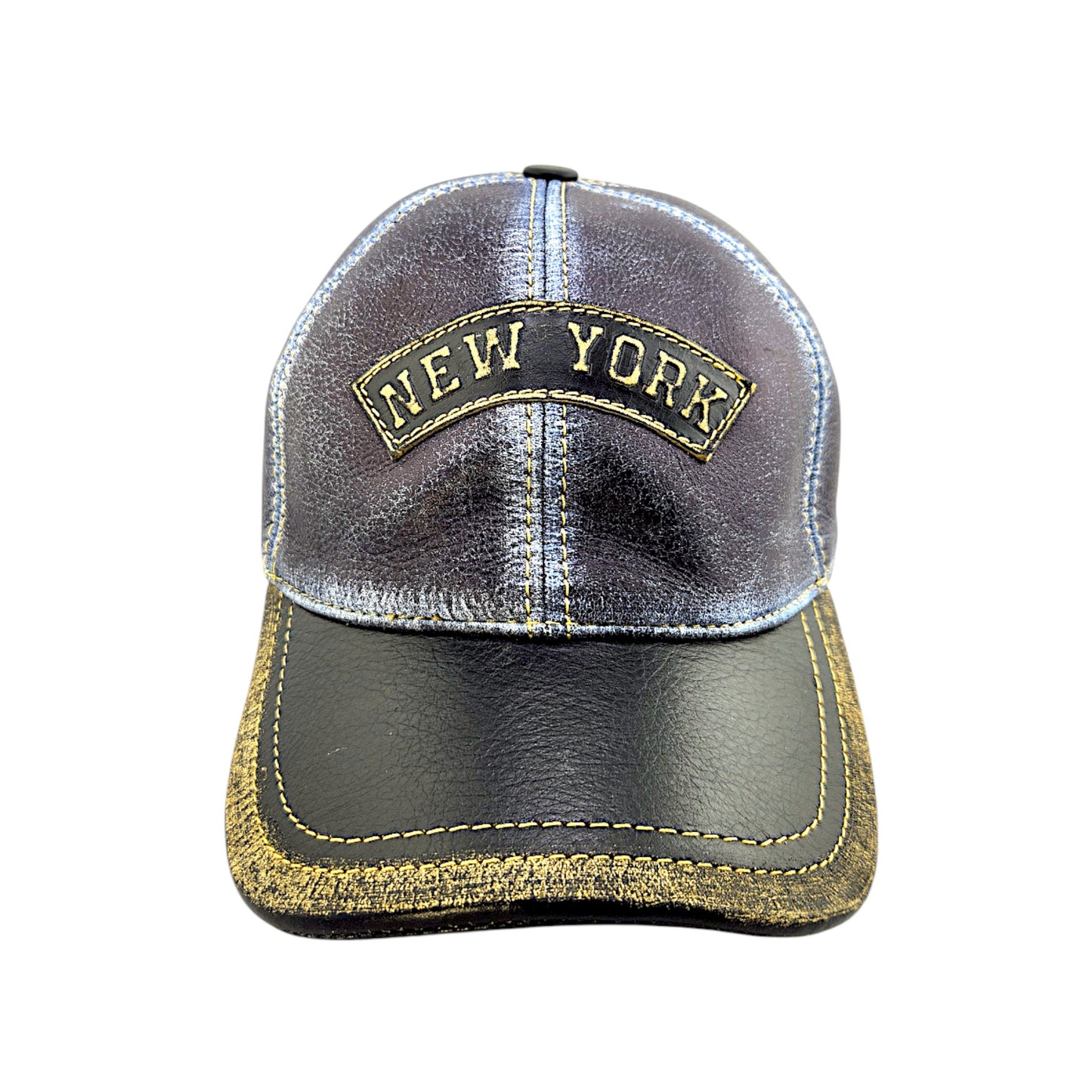 Leather Biker Hat: Handmade Distressed Blue & Black Baseball Cap with “New York” Patch, Adjustable Dad Hat for Men – Apero Bullo