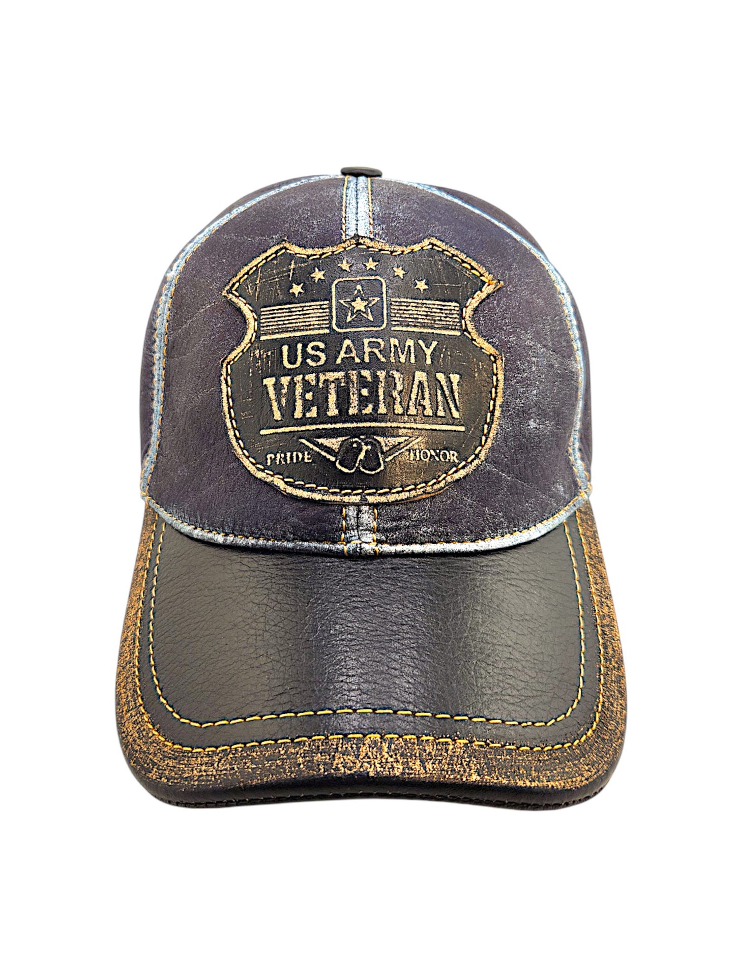 Leather Veteran Hat: Handmade Distressed Blue & Black Cap with “US Army Veteran” Patch – Military Pride Dad Baseball Hat | Apero Bullo