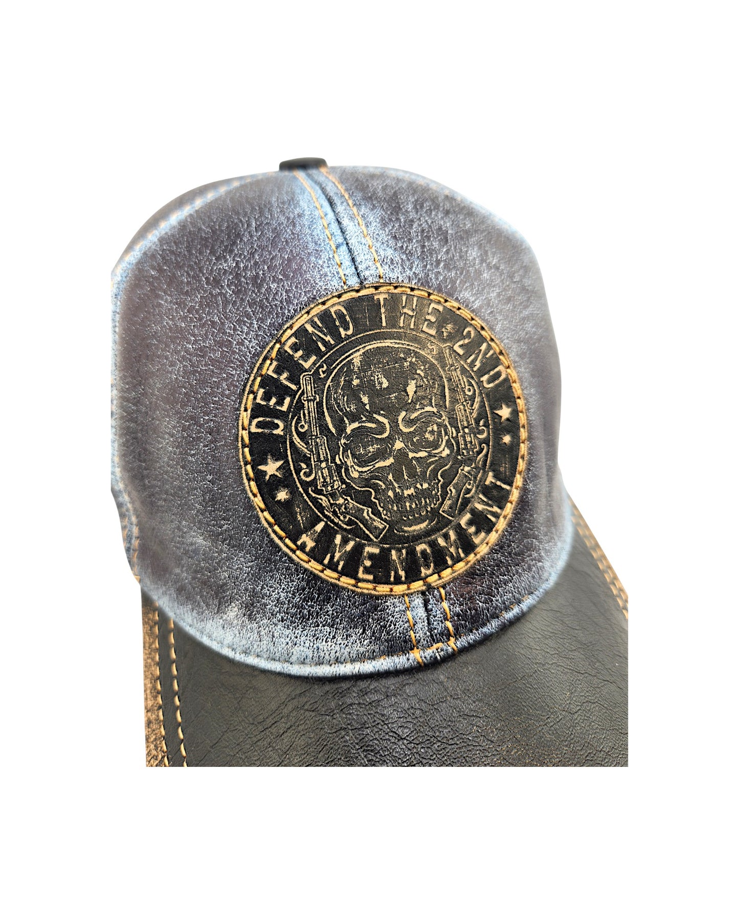Leather Biker Hat: Handmade Distressed Blue & Black Cap with Skull Patch “Defend the 2nd Amendment” – Adjustable Baseball Dad Hat | Apero Bullo