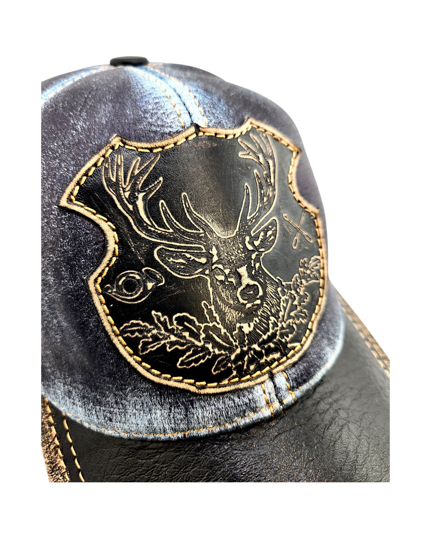 Leather Hunting Cap: Handmade Distressed Blue and Black Hat with Deer Badge | Apero Bullo